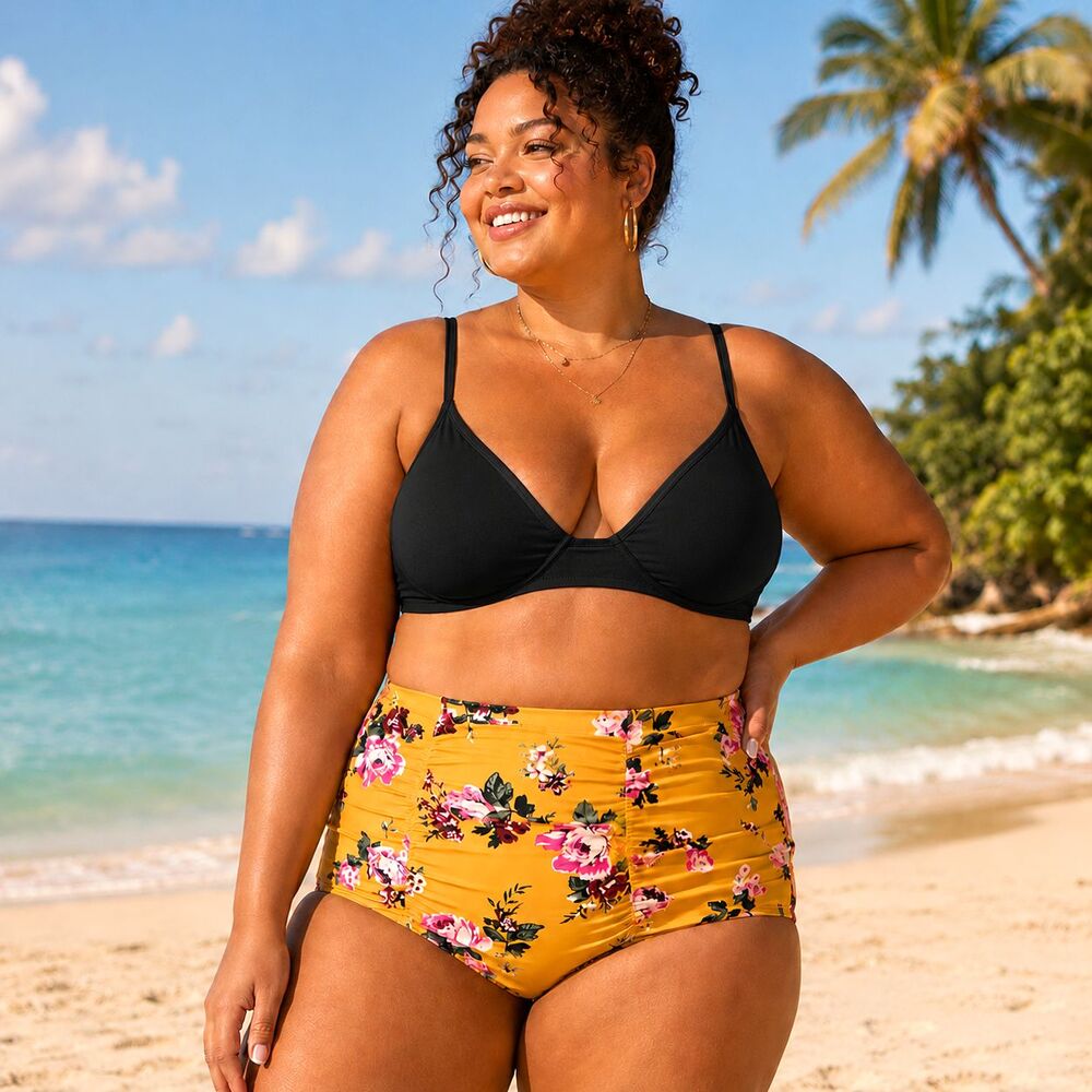 Torrid High Rise Swim Bottoms 1X Yellow Floral Ruched Cheeky UPF Vacation Cruise